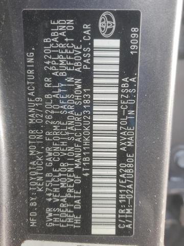 4T1B11HK0KU231831 - 2019 TOYOTA CAMRY L GRAY photo 13