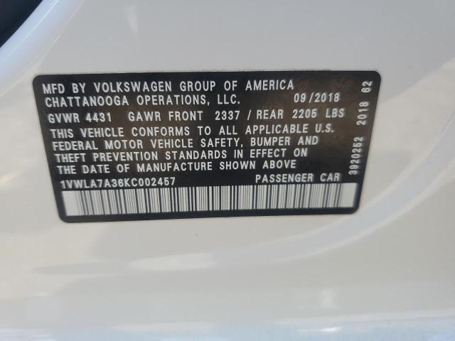 1VWLA7A36KC002457 - 2019 VOLKSWAGEN PASSAT WOLFSBURG 白色 照片 12