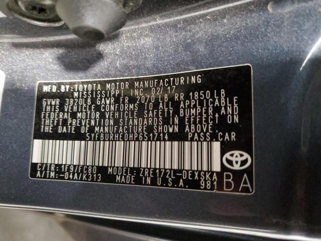 5YFBURHE0HP651714 - 2017 TOYOTA COROLLA L 灰色 照片 13