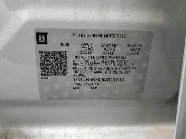 1G1JB5SB0K4111243 - 2019 CHEVROLET SONIC LS SILVER photo 13