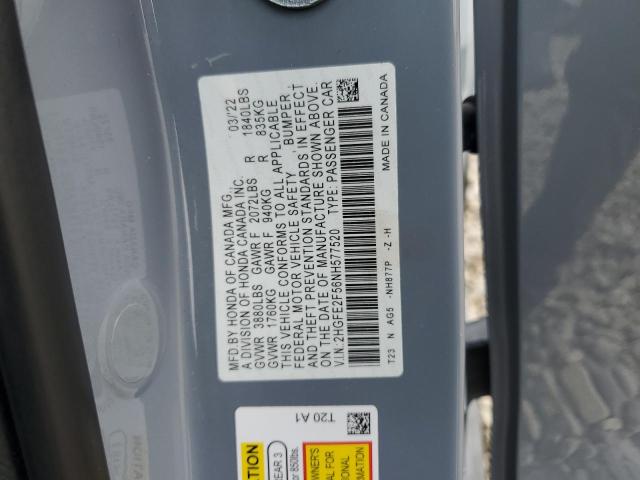 2HGFE2F56NH577520 - 2022 HONDA CIVIC SPORT BLUE photo 12