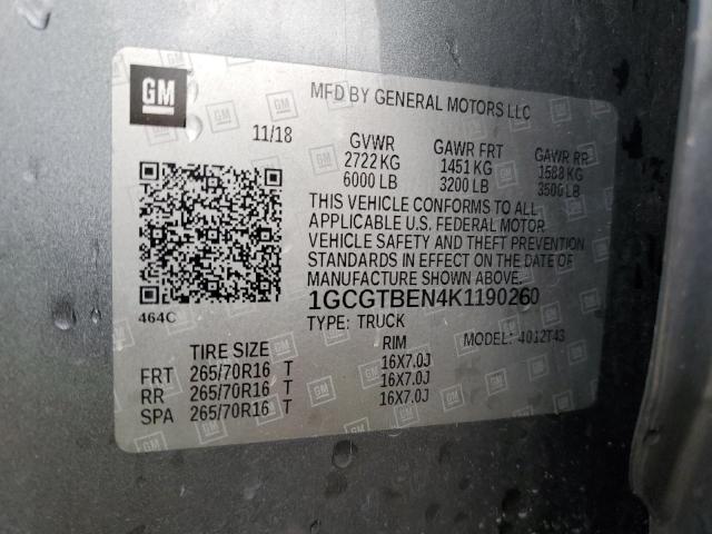 1GCGTBEN4K1190260 - 2019 CHEVROLET COLORADO GRAY photo 12