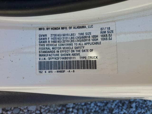 5FPYK3F74KB010111 - 2019 HONDA RIDGELINE RTL Biały zdjęcie 12