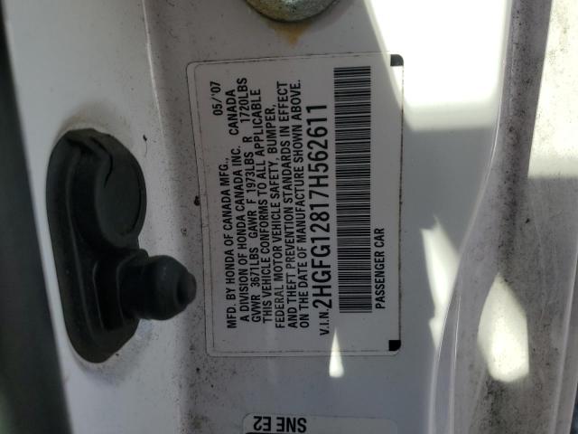 2HGFG12817H562611 - 2007 HONDA CIVIC EX WHITE photo 12