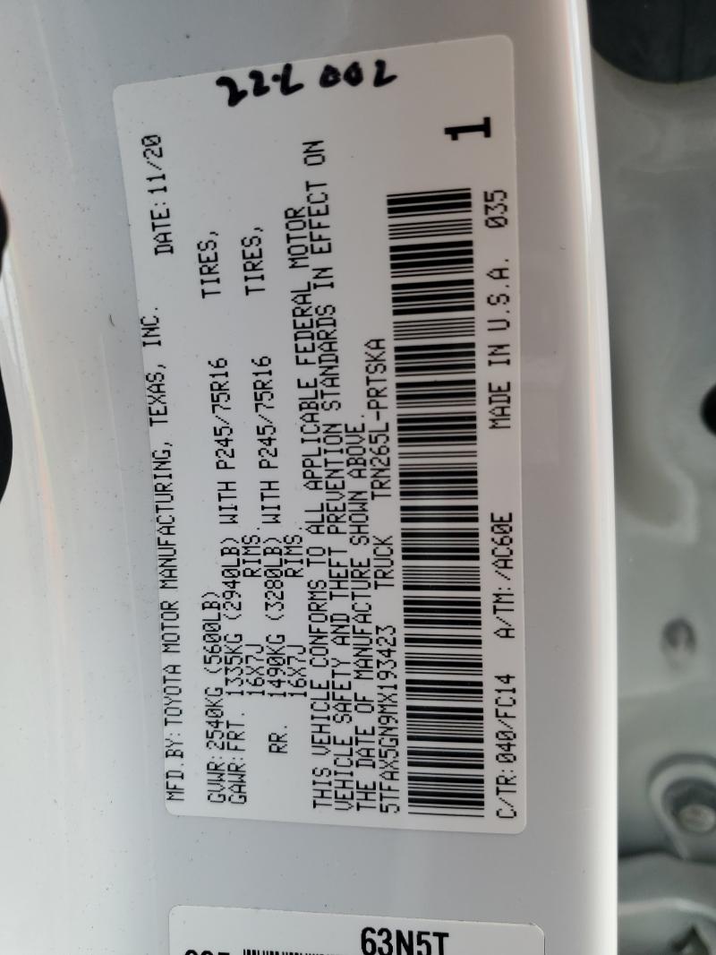 5TFAX5GN9MX193423 - 2021 TOYOTA TACOMA DOUBLE CAB 白色 照片 13