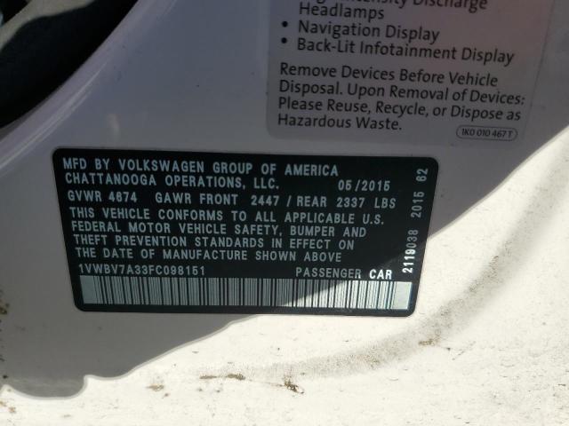 1VWBV7A33FC098151 - 2015 VOLKSWAGEN PASSAT SE WHITE photo 13