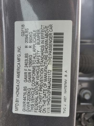 1HGCV2F94JA021172 - 2018 HONDA ACCORD TOURING GRAY photo 12