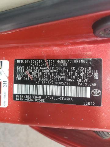 4T1BE46K79U385729 - 2009 TOYOTA CAMRY BASE RED photo 12