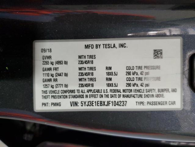 5YJ3E1EBXJF104237 - 2018 TESLA MODEL 3 ნაცრისფერი ფოტო 12