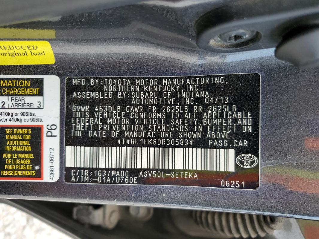 4T4BF1FK8DR305834 - 2013 TOYOTA CAMRY L GRAY photo 12