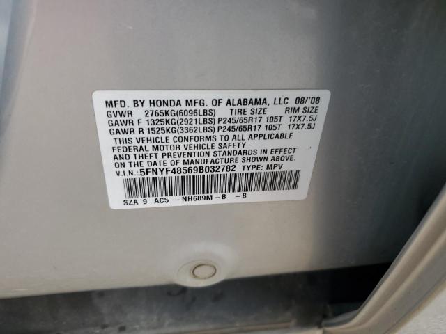5FNYF48569B032782 - 2009 HONDA PILOT EXL SILVER photo 13