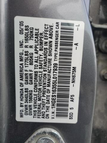 1HGES16355L017939 - 2005 HONDA CIVIC DX VP Մոխրագույն լուսանկար 12