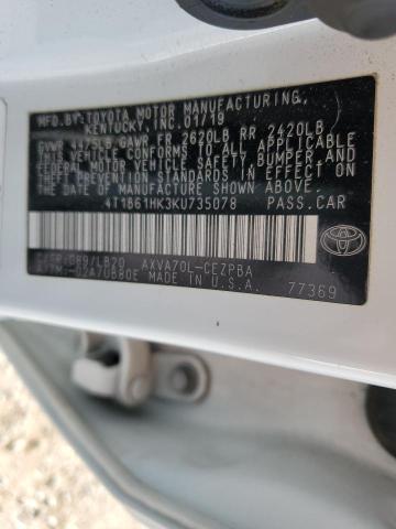 4T1B61HK3KU735078 - 2019 TOYOTA CAMRY XSE WHITE photo 12