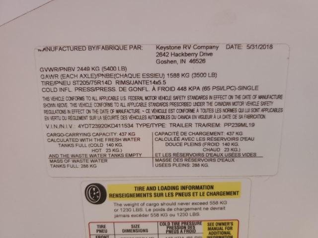 4YDT23920KD411534 - 2019 KEYSTONE TRAILER GRAY photo 10