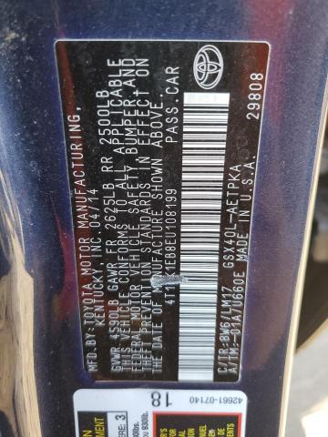 4T1BK1EB8EU108199 - 2014 TOYOTA AVALON BASE أزرق صورة 12