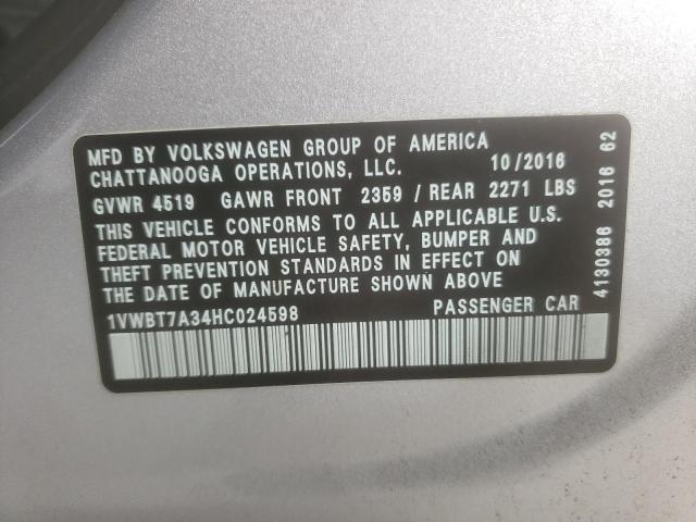 1VWBT7A34HC024598 - 2017 VOLKSWAGEN PASSAT SE SILVER photo 12
