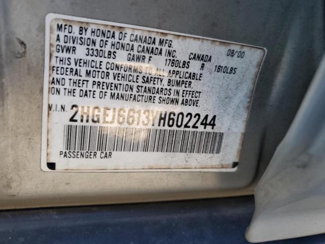 2HGEJ6613YH602244 - 2000 HONDA CIVIC BASE Qəhvəyi foto 12