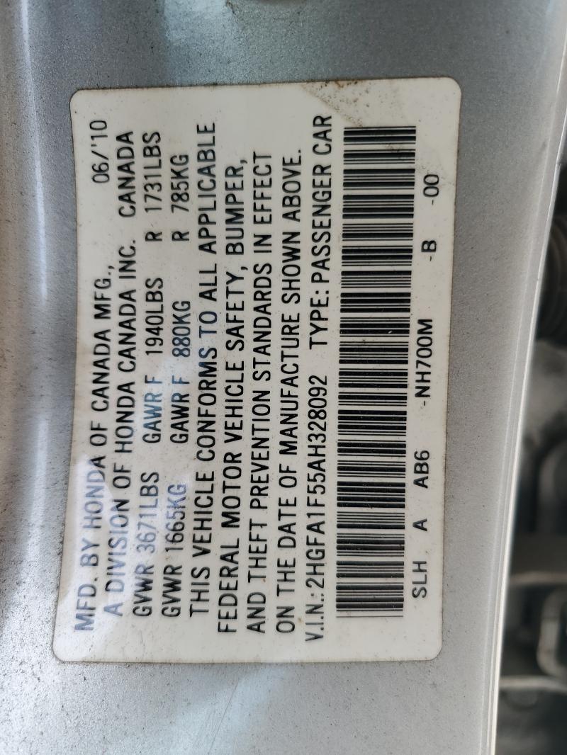 2HGFA1F55AH328092 - 2010 HONDA CIVIC LX Արծաթագույն լուսանկար 14