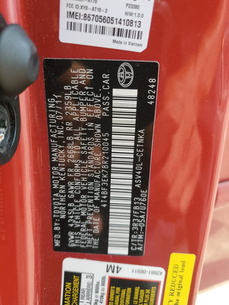 4T4BF3EK7BR210045 - 2011 TOYOTA CAMRY BASE RED photo 12