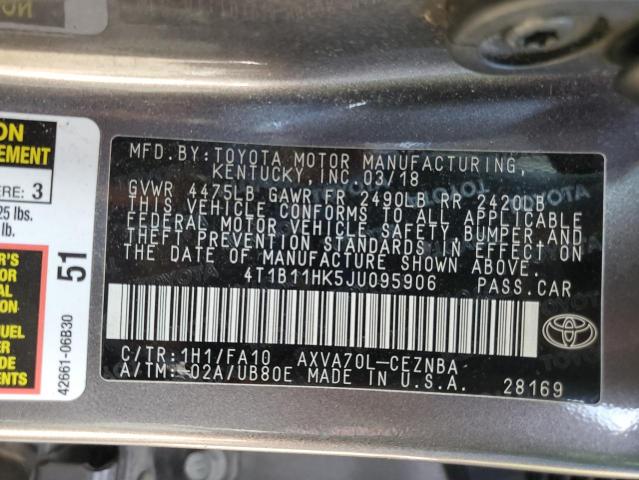 4T1B11HK5JU095906 - 2018 TOYOTA CAMRY L GRAY photo 13