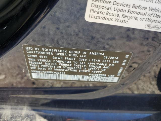 1VWBT7A35FC022453 - 2015 VOLKSWAGEN PASSAT SE BLUE photo 12