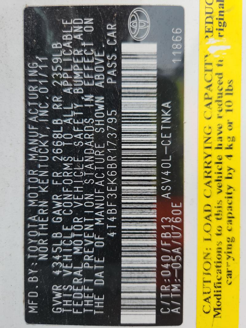 4T4BF3EK6BR173795 - 2011 TOYOTA CAMRY BASE WHITE photo 12