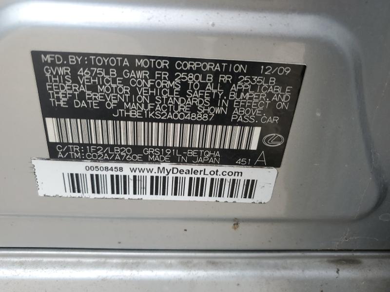 JTHBE1KS2A0048887 - 2010 LEXUS GS 350 SILVER photo 12