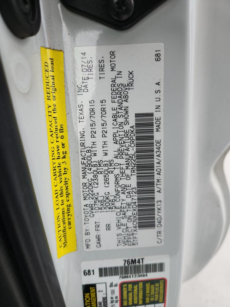 5TFTX4CNXEX047123 - 2014 TOYOTA TACOMA ACCESS CAB WHITE photo 12