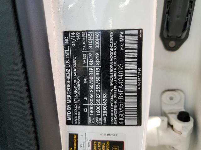 4JGDA5HB4EA404093 - 2014 MERCEDES-BENZ ML 350 4MATIC WHITE photo 12