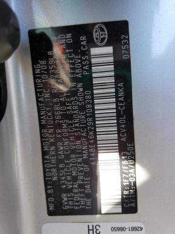 4T4BE46K29R108380 - 2009 TOYOTA CAMRY BASE SILVER photo 12