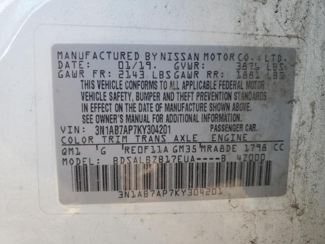 3N1AB7AP7KY304201 - 2019 NISS SENTRA S WHITE photo 12