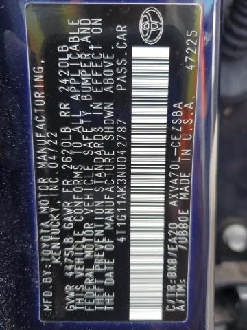 4T1G11AK3NU042787 - 2022 TOYOTA CAMRY SE BLUE photo 12