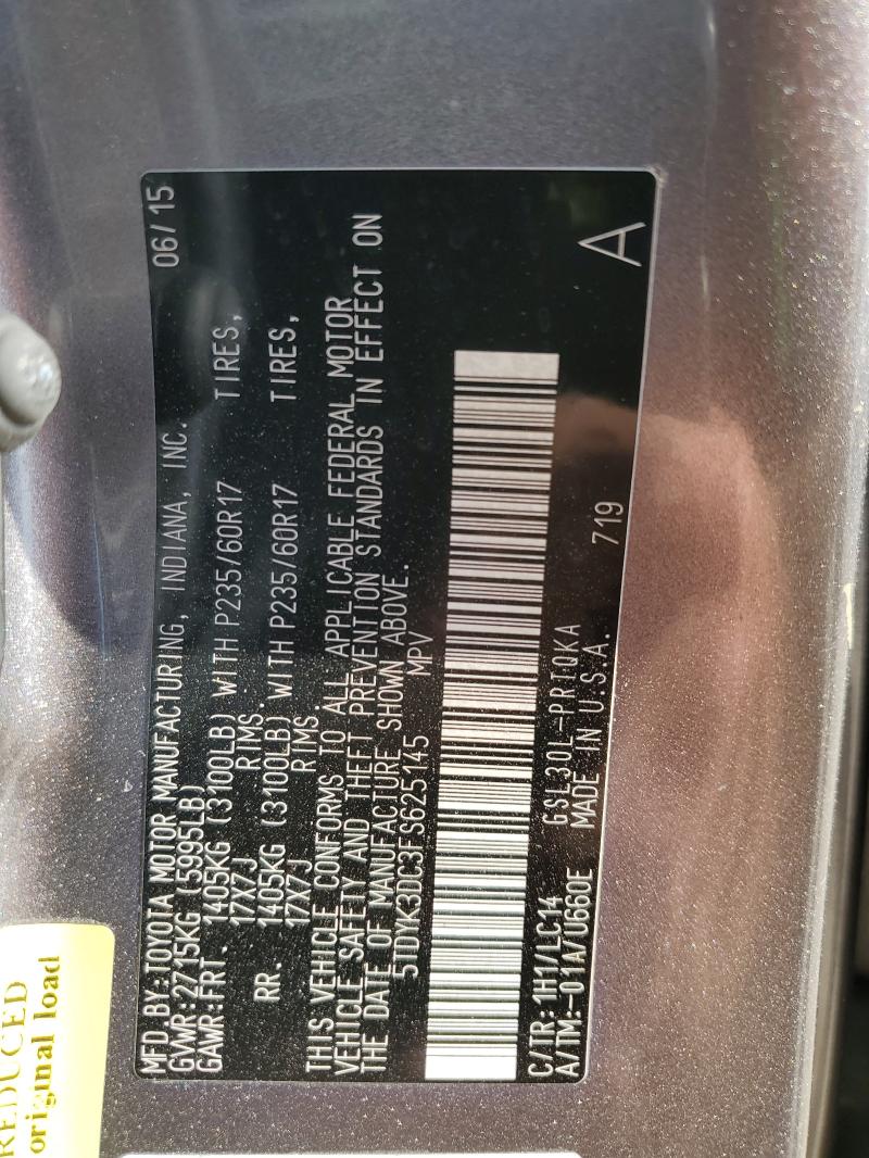 5TDYK3DC3FS625145 - 2015 TOYOTA SIENNA XLE ნაცრისფერი ფოტო 14