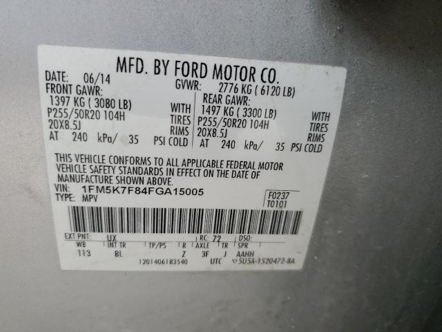 1FM5K7F84FGA15005 - 2015 FORD EXPLORER LIMITED فضي صورة 13