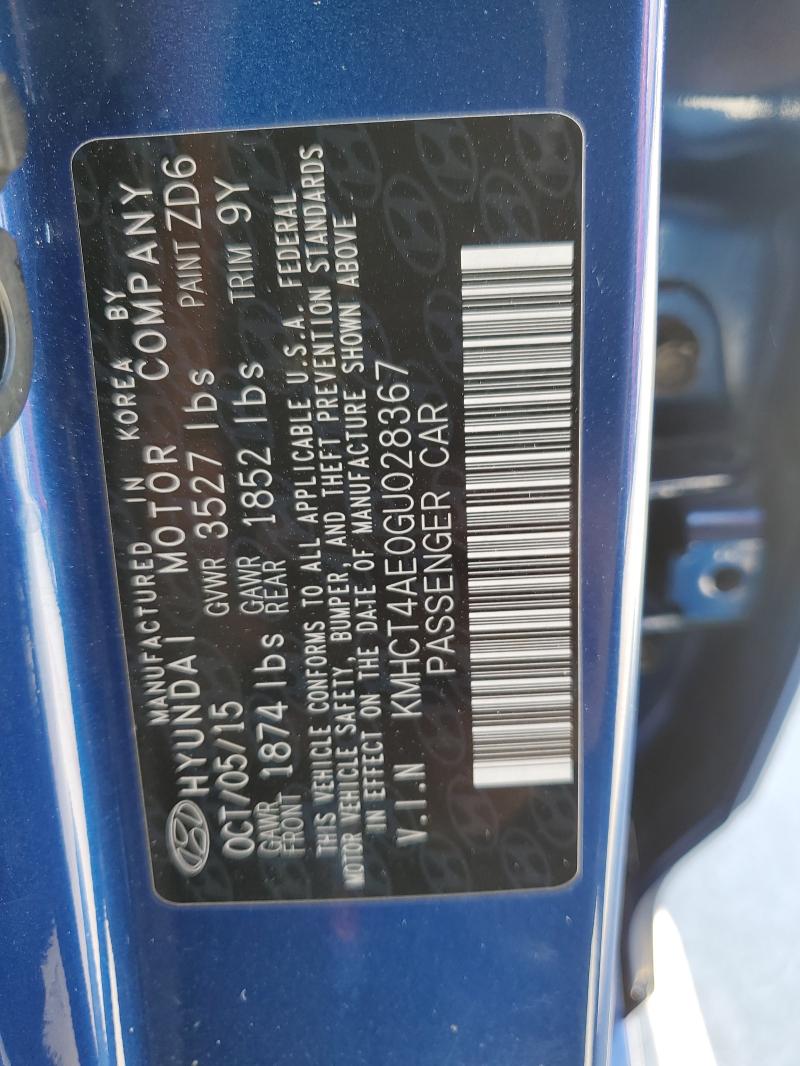 KMHCT4AE0GU028367 - 2016 HYUNDAI ACCENT SE BLUE photo 12