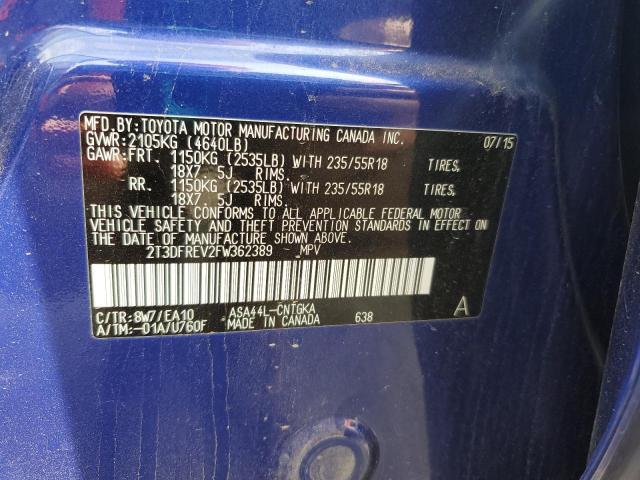2T3DFREV2FW362389 - 2015 TOYOTA RAV4 LIMITED BLUE photo 12