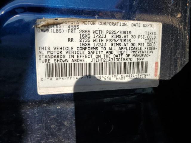 JTEHF21A310015870 - 2001 TOYOTA HIGHLANDER ლურჯი ფოტო 12