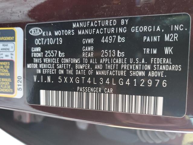 5XXGT4L34LG412976 - 2020 KIA OPTIMA LX MAROON photo 12