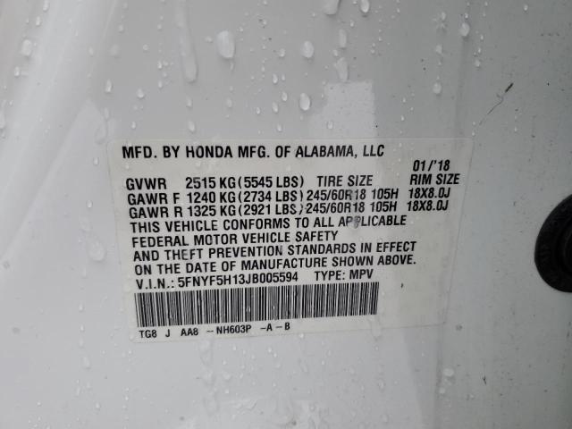 5FNYF5H13JB005594 - 2018 HONDA PILOT LX WHITE photo 13