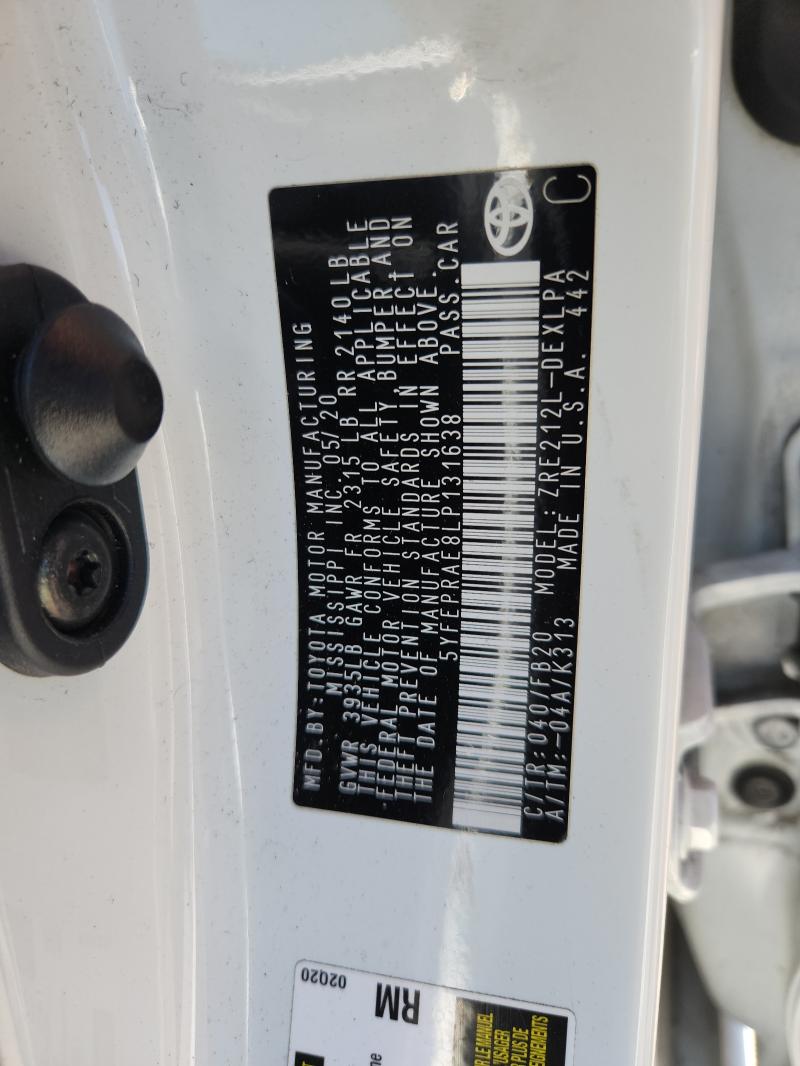 5YFEPRAE8LP131638 - 2020 TOYOTA COROLLA LE თეთრი ფოტო 12