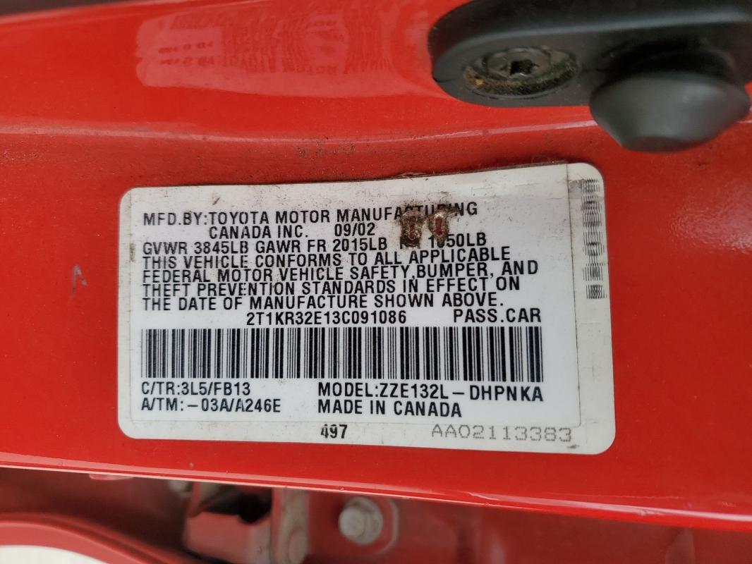 2T1KR32E13C091086 - 2003 TOYOTA MATRIX XR Червоний фото 12