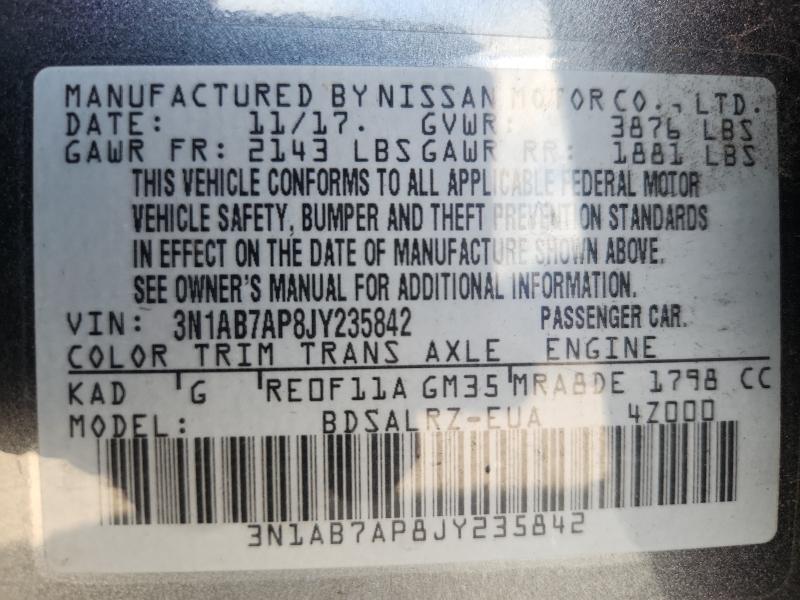 3N1AB7AP8JY235842 - 2018 NISSAN SENTRA S 灰色 照片 12