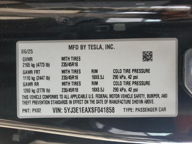 5YJ3E1EAXSF041858 - 2025 TESLA MODEL 3 Қара фото 12