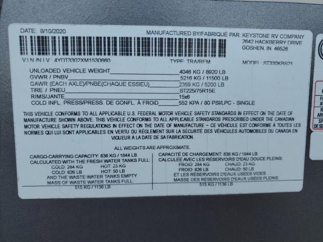 4YDT3302XM1530660 - 2021 KEYSTONE RV SPRINTER TWO TONE photo 10