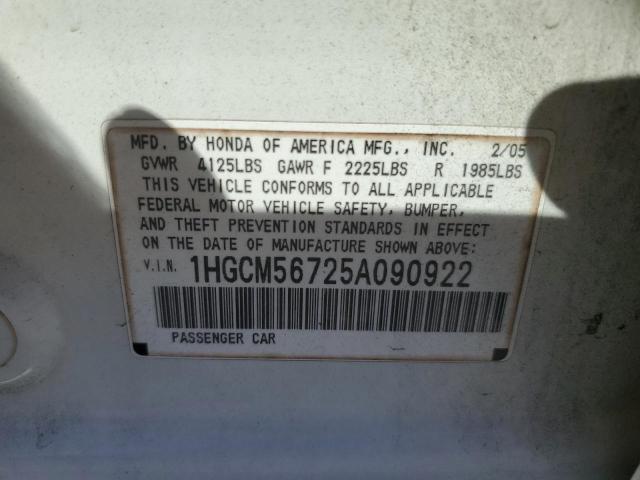1HGCM56725A090922 - 2005 HONDA ACCORD EX თეთრი ფოტო 12
