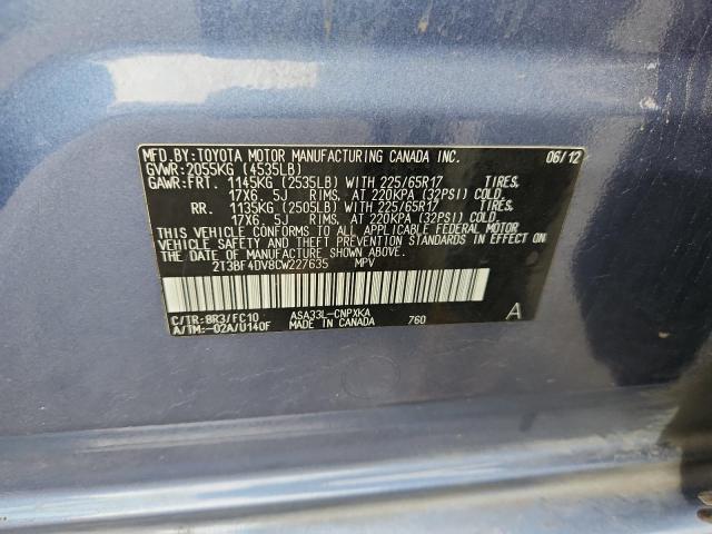 2T3BF4DV8CW227635 - 2012 TOYOTA RAV4 BLUE photo 12