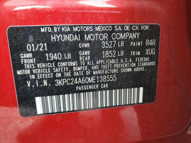 3KPC24A60ME138555 - 2021 HYUNDAI ACCENT SE RED photo 12