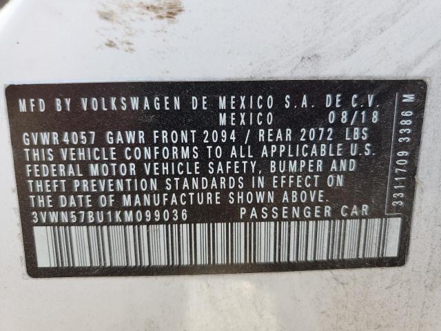 3VWN57BU1KM099036 - 2019 VOLKSWAGEN JETTA S WHITE photo 12