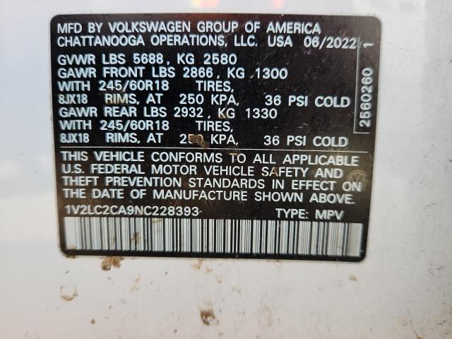 1V2LC2CA9NC228393 - 2022 VOLK ATLAS CROSS SPORT SE WHITE photo 13