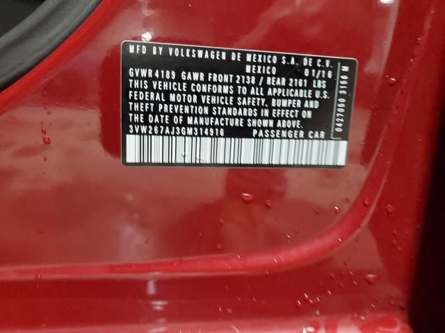 3VW267AJ3GM314916 - 2016 VOLKSWAGEN JETTA S BURGUNDY photo 12